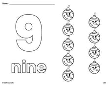 Free printable ornament Christmas coloring page and counting worksheet, number 9 coloring page for preschool, pre-k, and kindergarten