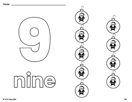 Free printable ornament Christmas coloring page and counting worksheet, number 9 coloring page for preschool, pre-k, and kindergarten