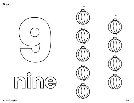 Free printable ornament Christmas coloring page and counting worksheet, number 9 coloring page for preschool, pre-k, and kindergarten