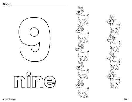 Free printable reindeer Christmas coloring page and counting worksheet, number 9 coloring page for preschool, pre-k, and kindergarten