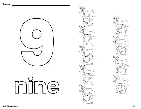 Free printable reindeer Christmas coloring page and counting worksheet, number 9 coloring page for preschool, pre-k, and kindergarten