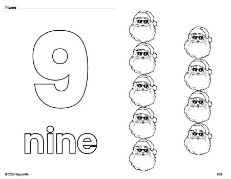 Free printable Santa Christmas coloring page and counting worksheet, number 9 coloring page for preschool, pre-k, and kindergarten