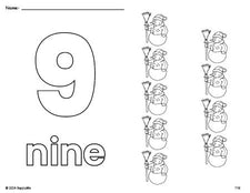 Free printable snowman winter coloring page and counting worksheet, number 9 coloring page for preschool, pre-k, and kindergarten