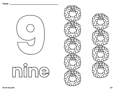 Free printable wreath Christmas coloring page and counting worksheet, number 9 coloring page for preschool, pre-k, and kindergarten