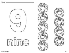 Free printable wreath Christmas coloring page and counting worksheet, number 9 coloring page for preschool, pre-k, and kindergarten