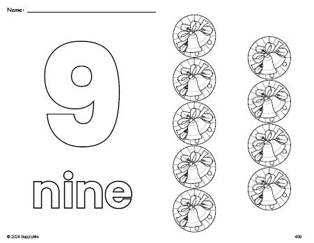 Free printable wreath Christmas coloring page and counting worksheet, number 9 coloring page for preschool, pre-k, and kindergarten