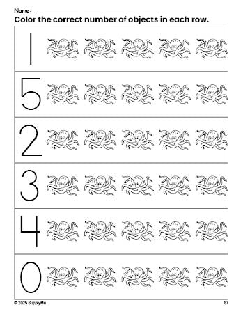 Free printable octopus count and color worksheet for preschoolers, octopus coloring page and counting worksheet numbers 0-5, PDF