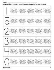 Free printable octopus count and color worksheet for preschoolers, octopus coloring page and counting worksheet numbers 0-5, PDF