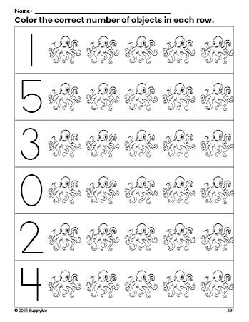 Free printable octopus count and color worksheet for preschoolers, octopus coloring page and counting worksheet numbers 0-5, PDF