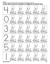 Free printable octopus count and color worksheet for preschoolers, octopus coloring page and counting worksheet numbers 0-5, PDF