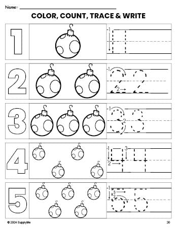 Free printable ornament Christmas coloring page and number tracing worksheet, numbers 1-5 counting worksheet for preschool and pre-k