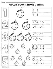 Free printable ornament Christmas coloring page and number tracing worksheet, numbers 1-5 counting worksheet for preschool and pre-k