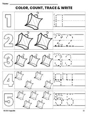 Free printable ornament Christmas coloring page and number tracing worksheet, numbers 1-5 counting worksheet for preschool and pre-k