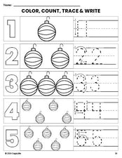 Free printable ornament Christmas coloring page and number tracing worksheet, numbers 1-5 counting worksheet for preschool and pre-k