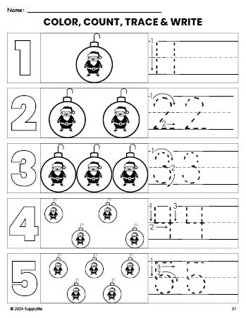 Free printable ornament Christmas coloring page and number tracing worksheet, numbers 1-5 counting worksheet for preschool and pre-k