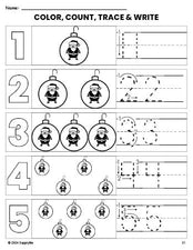 Free printable ornament Christmas coloring page and number tracing worksheet, numbers 1-5 counting worksheet for preschool and pre-k