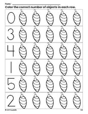 Free printable ornament Christmas count and color worksheet for preschoolers, Christmas coloring page and counting worksheet numbers 0-5, PDF