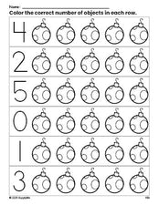 Free printable ornament Christmas count and color worksheet for preschoolers, Christmas coloring page and counting worksheet numbers 0-5, PDF