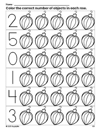 Free printable ornament Christmas count and color worksheet for preschoolers, Christmas coloring page and counting worksheet numbers 0-5, PDF