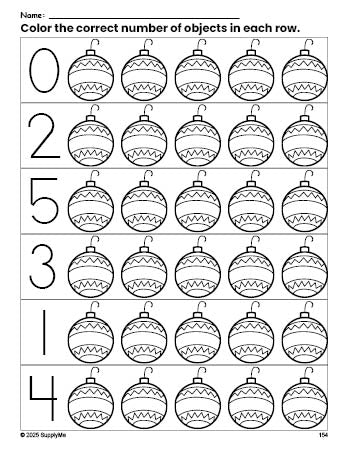 Free printable ornament Christmas count and color worksheet for preschoolers, Christmas coloring page and counting worksheet numbers 0-5, PDF