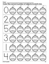 Free printable ornament Christmas count and color worksheet for preschoolers, Christmas coloring page and counting worksheet numbers 0-5, PDF