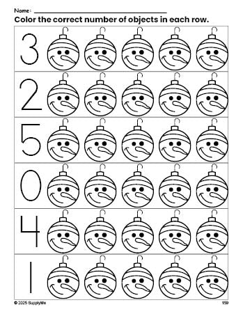 Free printable ornament Christmas count and color worksheet for preschoolers, Christmas coloring page and counting worksheet numbers 0-5, PDF