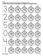 Free printable ornament Christmas count and color worksheet for preschoolers, Christmas coloring page and counting worksheet numbers 0-5, PDF