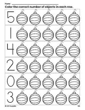 Free printable ornament Christmas count and color worksheet for preschoolers, Christmas coloring page and counting worksheet numbers 0-5, PDF