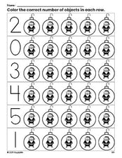 Free printable ornament Christmas count and color worksheet for preschoolers, Christmas coloring page and counting worksheet numbers 0-5, PDF