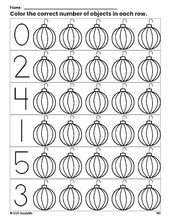 Free printable ornament Christmas count and color worksheet for preschoolers, Christmas coloring page and counting worksheet numbers 0-5, PDF