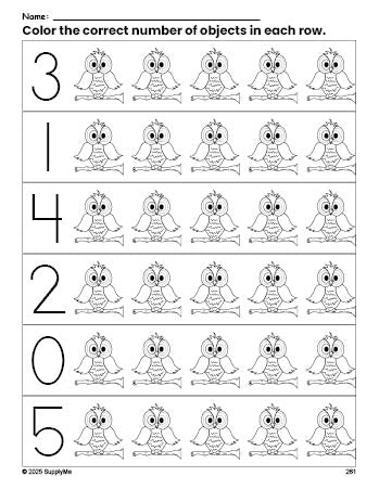 Free printable owl count and color worksheet for preschoolers, owl coloring page and counting worksheet numbers 0-5, PDF