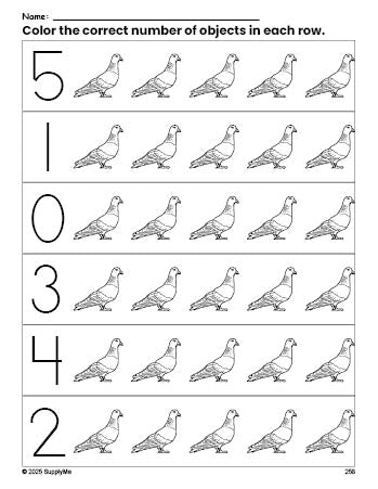 Free printable pigeon count and color worksheet for preschoolers, pigeon coloring page and counting worksheet numbers 0-5, PDF