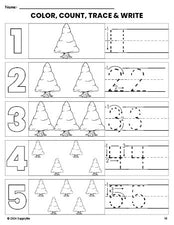 Free printable pine tree winter coloring page and number tracing worksheet, numbers 1-5 counting worksheet for preschool and pre-k