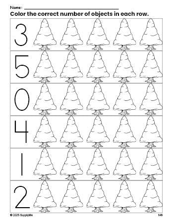 Free printable pine tree winter count and color worksheet for preschoolers, winter coloring page and counting worksheet numbers 0-5, PDF