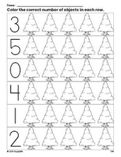 Free printable pine tree winter count and color worksheet for preschoolers, winter coloring page and counting worksheet numbers 0-5, PDF