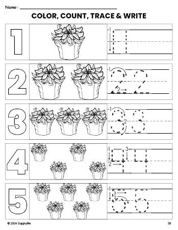 Free printable poinsettia Christmas coloring page and number tracing worksheet, numbers 1-5 counting worksheet for preschool and pre-k