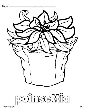 Free printable poinsettia Christmas coloring page for preschool, pre-k, and kindergarten