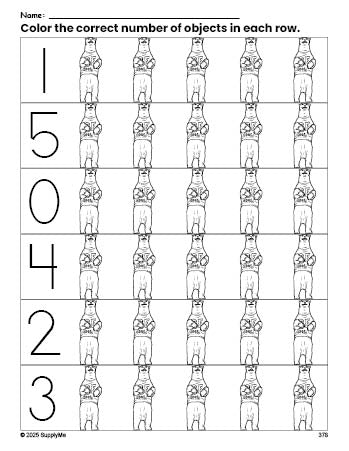 Free printable polar bear count and color worksheet for preschoolers, polar bear coloring page and counting worksheet numbers 0-5, PDF