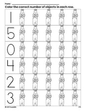 Free printable polar bear count and color worksheet for preschoolers, polar bear coloring page and counting worksheet numbers 0-5, PDF