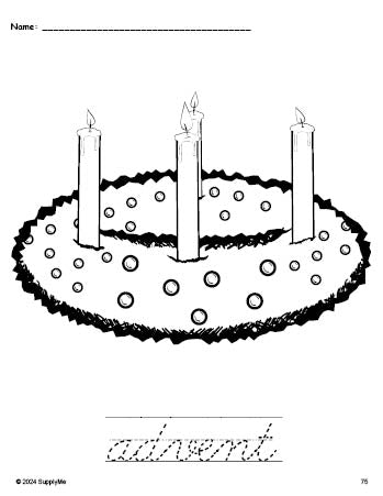 Free printable advent Christmas coloring page and cursive word tracing worksheet, perfect for preschool, pre-k, and kindergarten