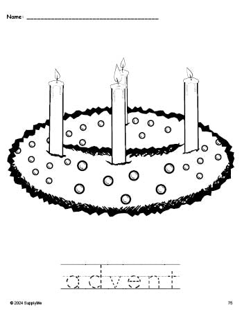 Free printable advent Christmas coloring page and word tracing worksheet, perfect for preschool, pre-k, and kindergarten