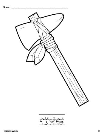 Free printable axe Thanksgiving coloring page and word tracing worksheet, letter formation guides, perfect for preschool, pre-k, and kindergarten