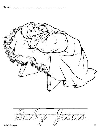 Free printable Baby Jesus Christmas coloring page and cursive word tracing worksheet, perfect for preschool, pre-k, and kindergarten