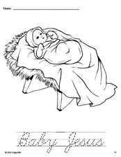 Free printable Baby Jesus Christmas coloring page and cursive word tracing worksheet, perfect for preschool, pre-k, and kindergarten