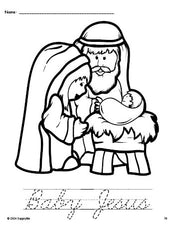 Free printable Baby Jesus Christmas coloring page and cursive word tracing worksheet, perfect for preschool, pre-k, and kindergarten