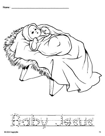 Free printable Baby Jesus Christmas coloring page and word tracing worksheet, letter formation guides, perfect for preschool, pre-k, and kindergarten