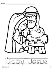 Free printable Baby Jesus Christmas coloring page and word tracing worksheet, letter formation guides, perfect for preschool, pre-k, and kindergarten