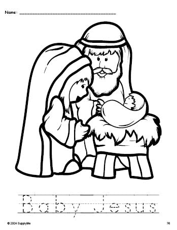 Free printable Baby Jesus Christmas coloring page and word tracing worksheet, perfect for preschool, pre-k, and kindergarten