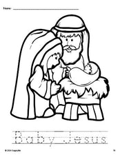 Free printable Baby Jesus Christmas coloring page and word tracing worksheet, perfect for preschool, pre-k, and kindergarten