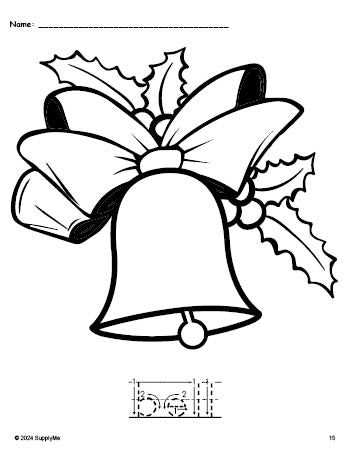 Free printable bell Christmas coloring page and word tracing worksheet, letter formation guides, perfect for preschool, pre-k, and kindergarten